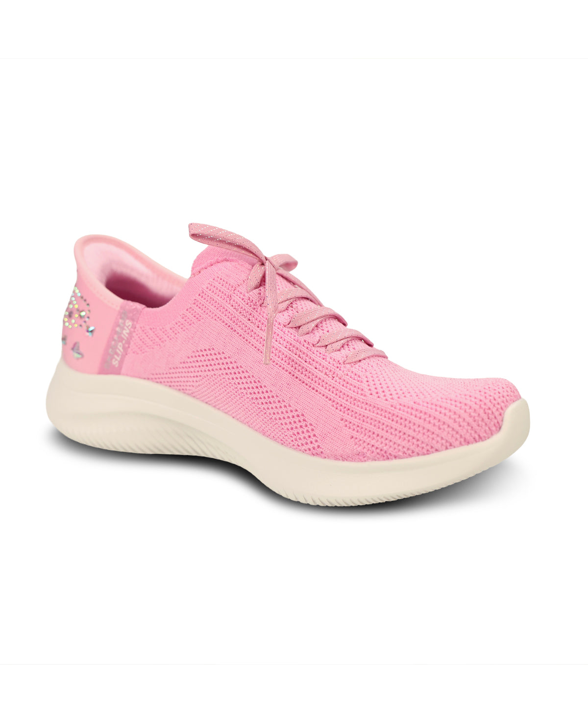 A pink knit athletic sneaker with a thick, flexible cream-colored sole, shown from a three-quarters angle on a white background.