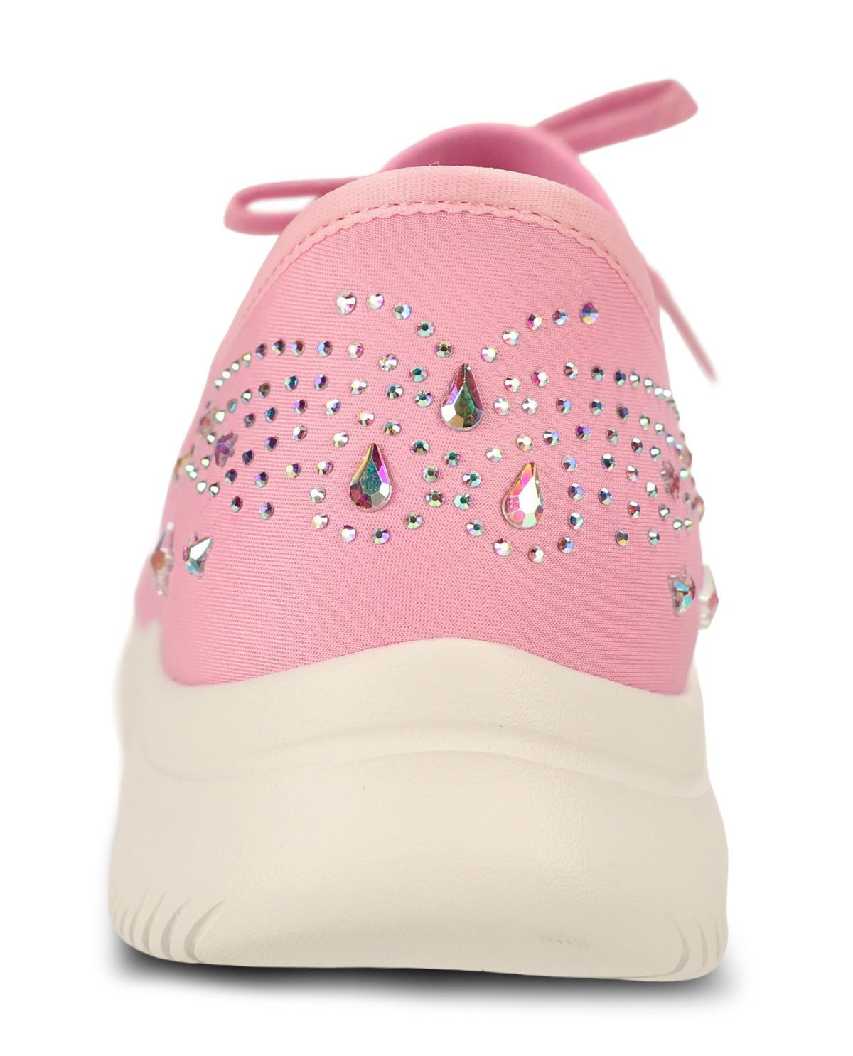 A pink low-top sneaker shown from the back, featuring a thick cream-colored sole and iridescent rhinestone embellishments on the heel.