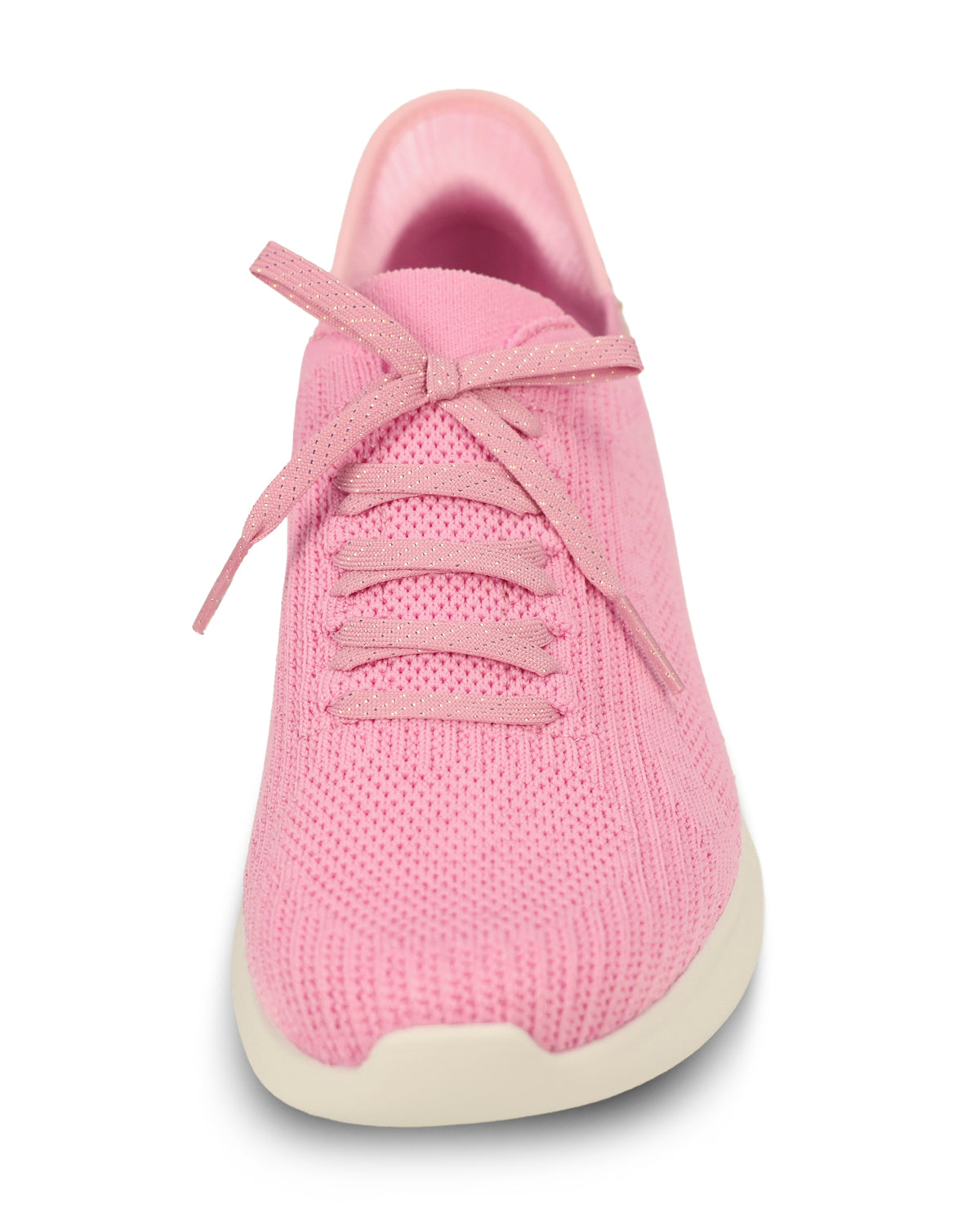 A pink knit slip-on sneaker with matching pink laces and a thick cream-colored sole, shown from a front-facing perspective on a white background.