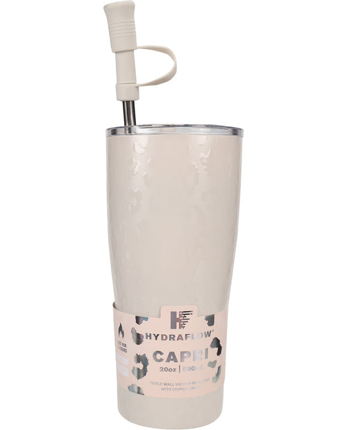 A 20oz stainless steel travel tumbler with a textured finish, featuring a white and black HydraFlow cap lid and a matching white silicone straw. The tumbler is wrapped in a white paper band with the brand name 'HydraFlow' and model name 'CAPiT' visible.