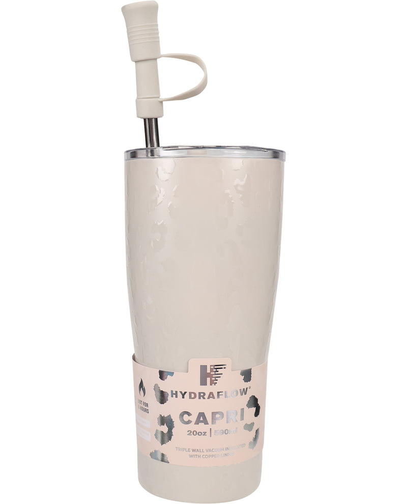 A 20oz stainless steel travel tumbler with a textured finish, featuring a white and black HydraFlow cap lid and a matching white silicone straw. The tumbler is wrapped in a white paper band with the brand name 'HydraFlow' and model name 'CAPiT' visible.