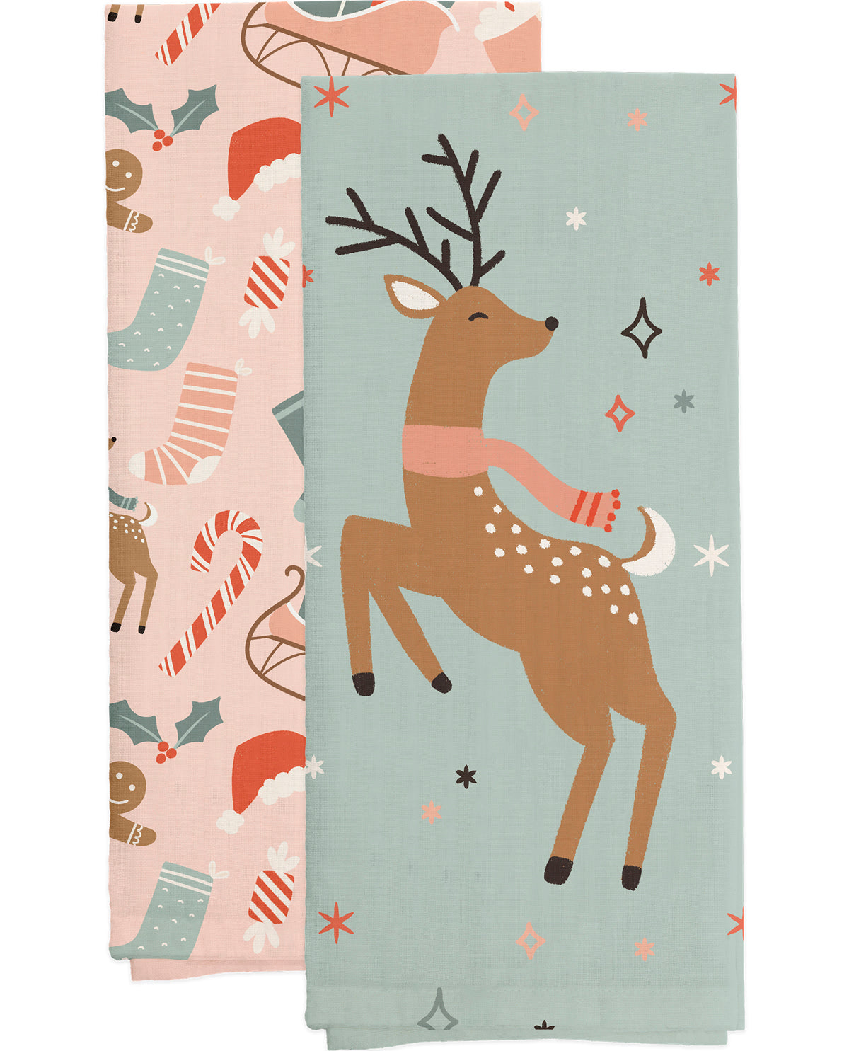 Two folded fabric napkins or tea towels with Christmas holiday prints, displayed side-by-side. The front towel features a light blue-green background with a brown deer wearing a pink scarf, while the back towel shows a pink background with candy canes, stockings, and Santa hats.