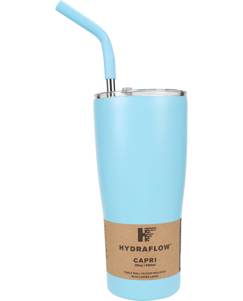 A light blue 30oz vacuum-insulated tumbler with a matching light blue silicone straw and a brown paper band label that reads 'HYDRAFLOW CAPRI'.
