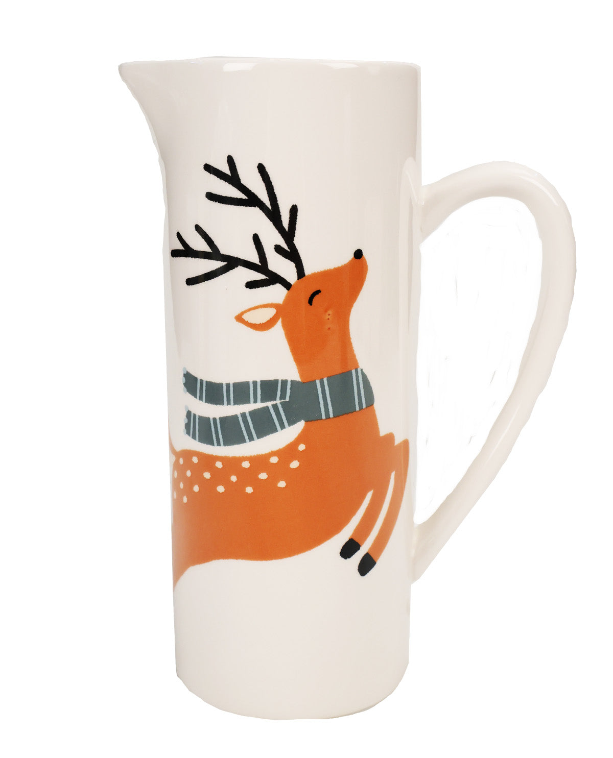 A white ceramic pitcher featuring a whimsical orange deer illustration with black antlers and a gray striped scarf, set against a plain white background.