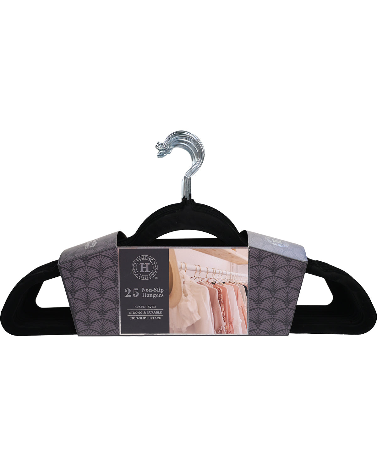 A black plastic hanger with a decorative gray and black geometric patterned wrap around the neck, featuring a silver metal hook and a product label on the front.
