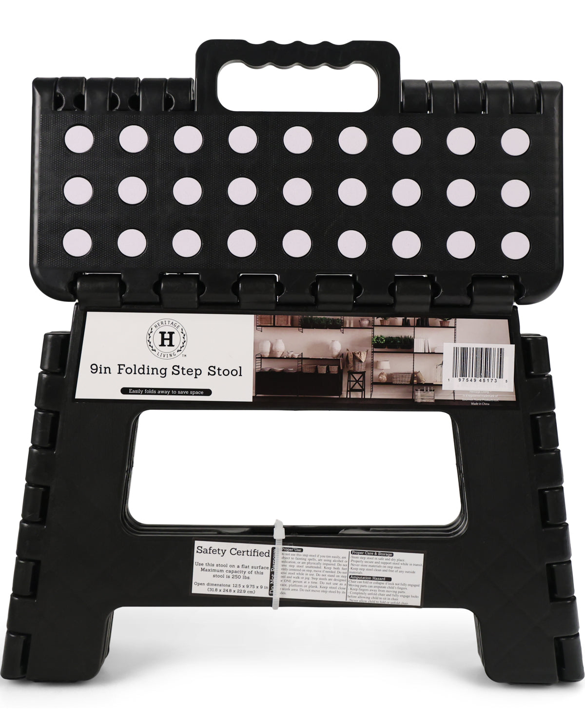 Black plastic folding step stool with a handle on the lid, shown open with its retail packaging label visible in the center against a white background.
