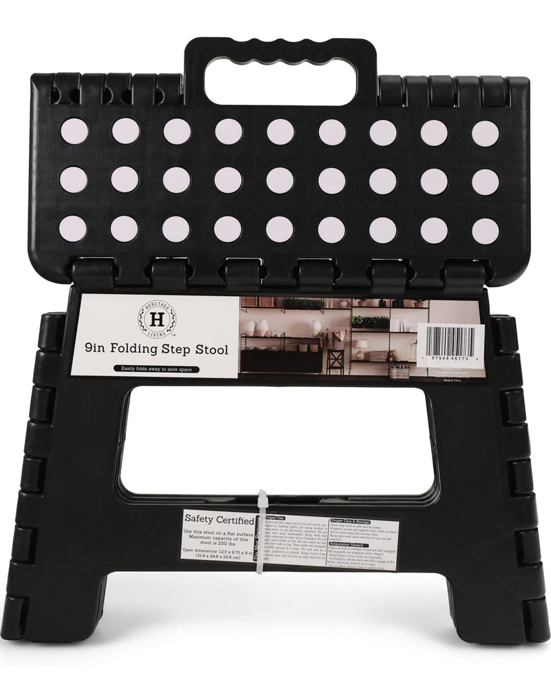Black plastic folding step stool with a handle on the lid, shown open with its retail packaging label visible in the center against a white background.