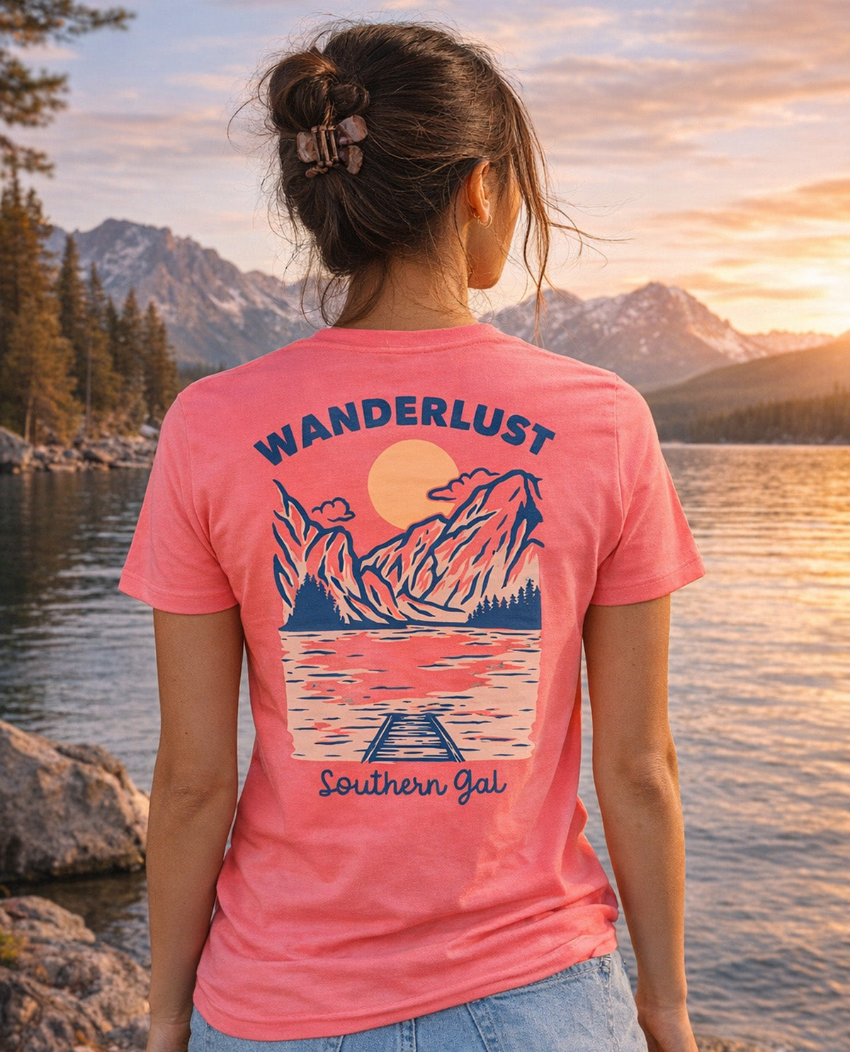 Southern Gal Wanderlust Short Sleeve Screen Tee Coral