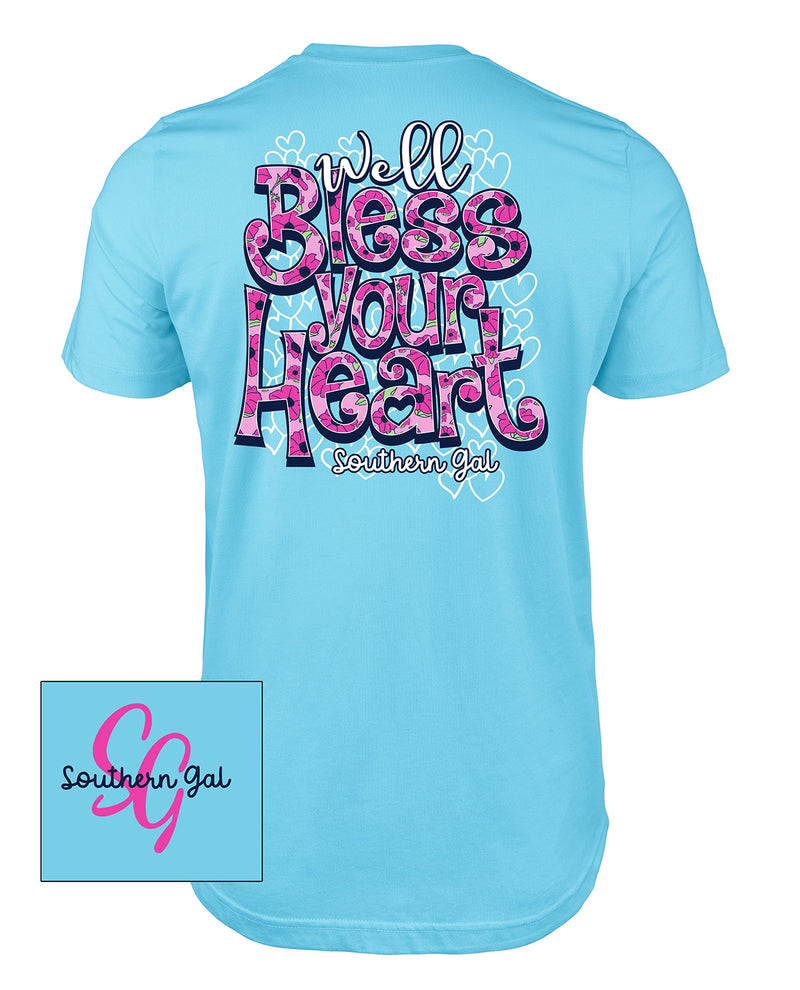 Southern Gal Well Bless Your Heart Short Sleeve Screen Tee Sky Blue