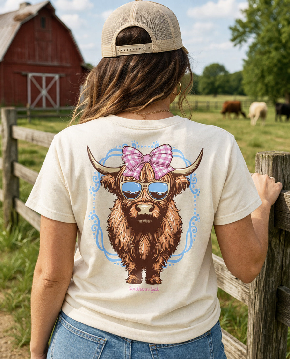 Southern Gal Heifers Bow Short Sleeve Screen Tee Natural