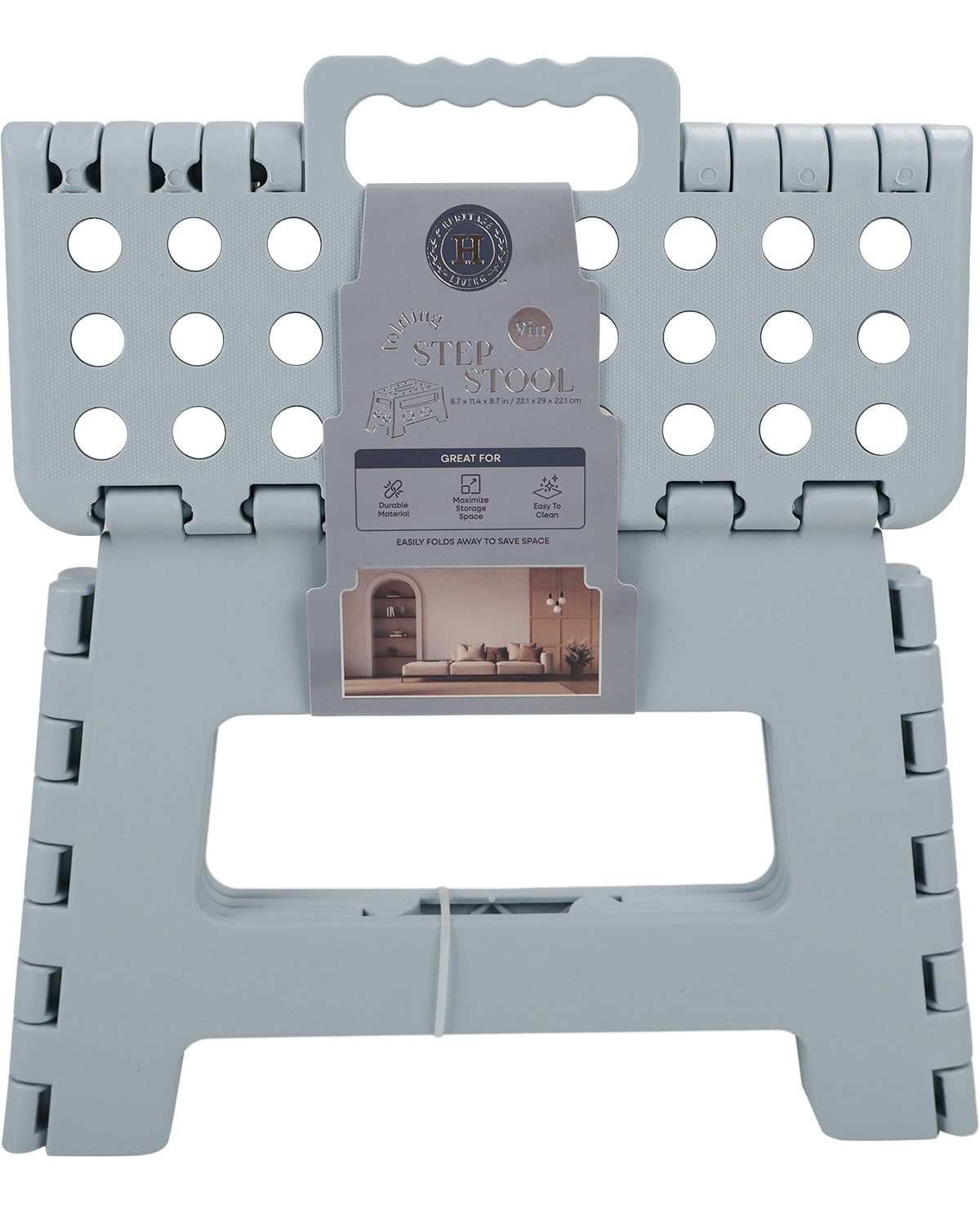 A light gray foldable step stool with a hanger handle and a hanging product tag, shown on a plain white background.