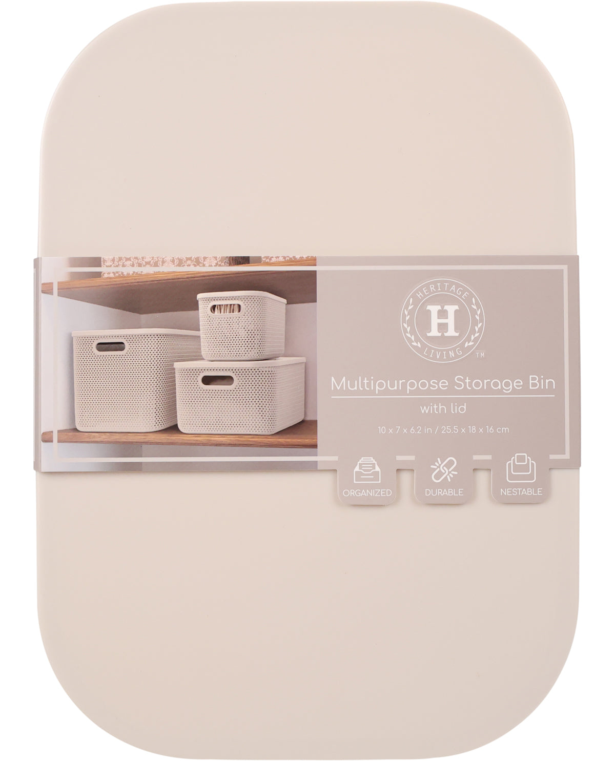 A beige multipurpose storage bin with lid, shown in its retail packaging. The packaging features a clear window displaying the beige woven basket and lid, along with a label that reads 'Historic Home Furnishings' and 'Multipurpose Storage Bin with lid'.