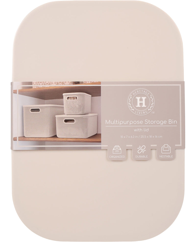 A beige multipurpose storage bin with lid, shown in its retail packaging. The packaging features a clear window displaying the beige woven basket and lid, along with a label that reads 'Historic Home Furnishings' and 'Multipurpose Storage Bin with lid'.