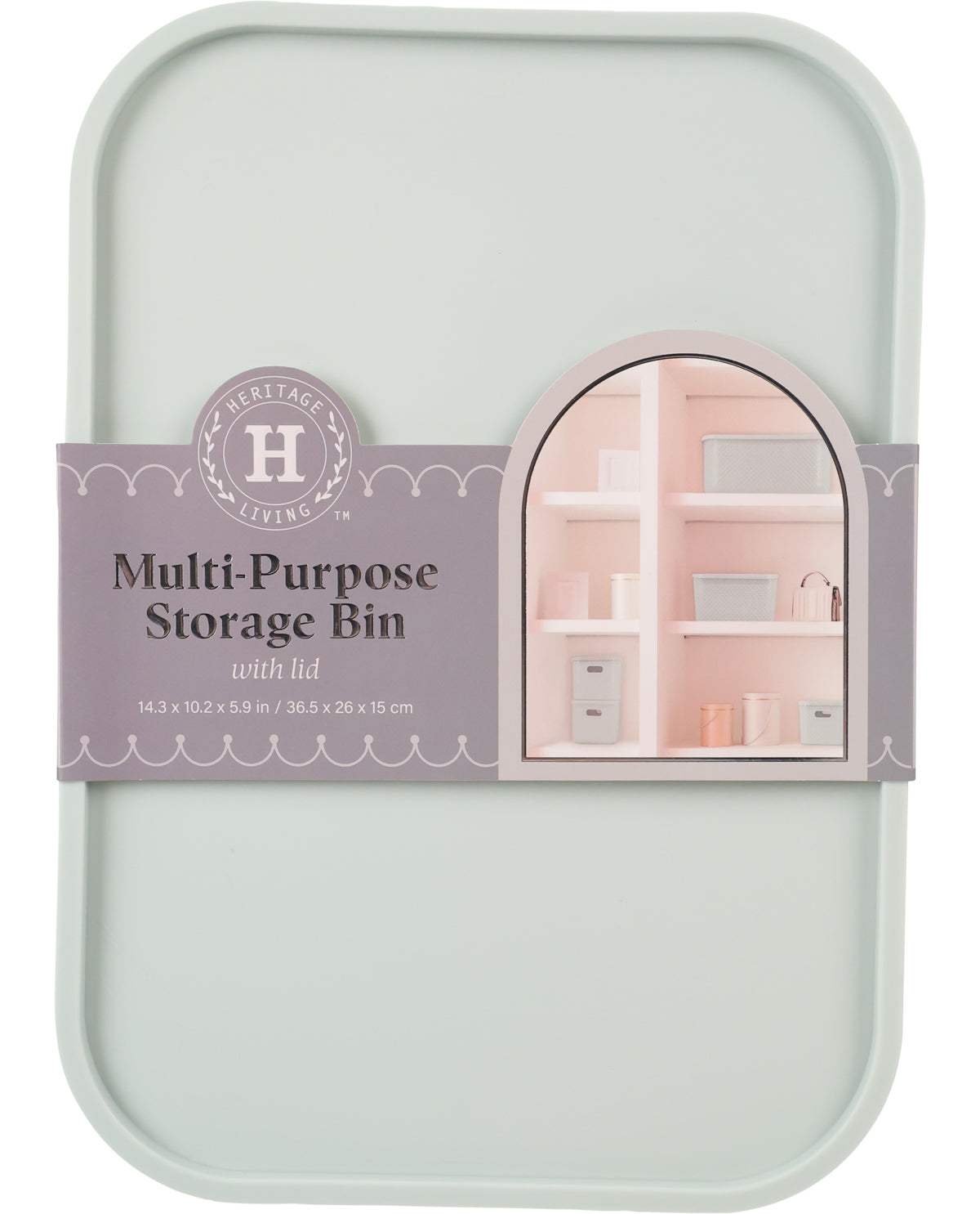 Heritage Living multi-purpose storage bin with lid in a pale sage green color, wrapped in a decorative purple paper band showing a miniature shelf display.