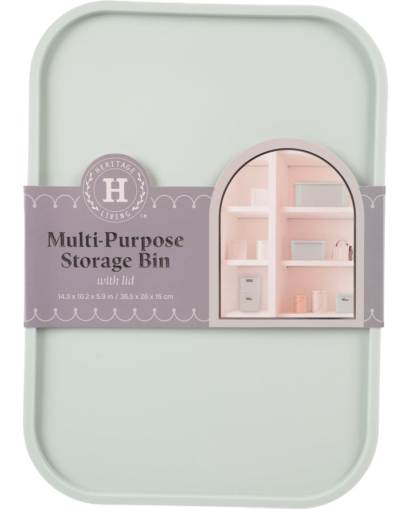 Heritage Living multi-purpose storage bin with lid in a pale sage green color, wrapped in a decorative purple paper band showing a miniature shelf display.