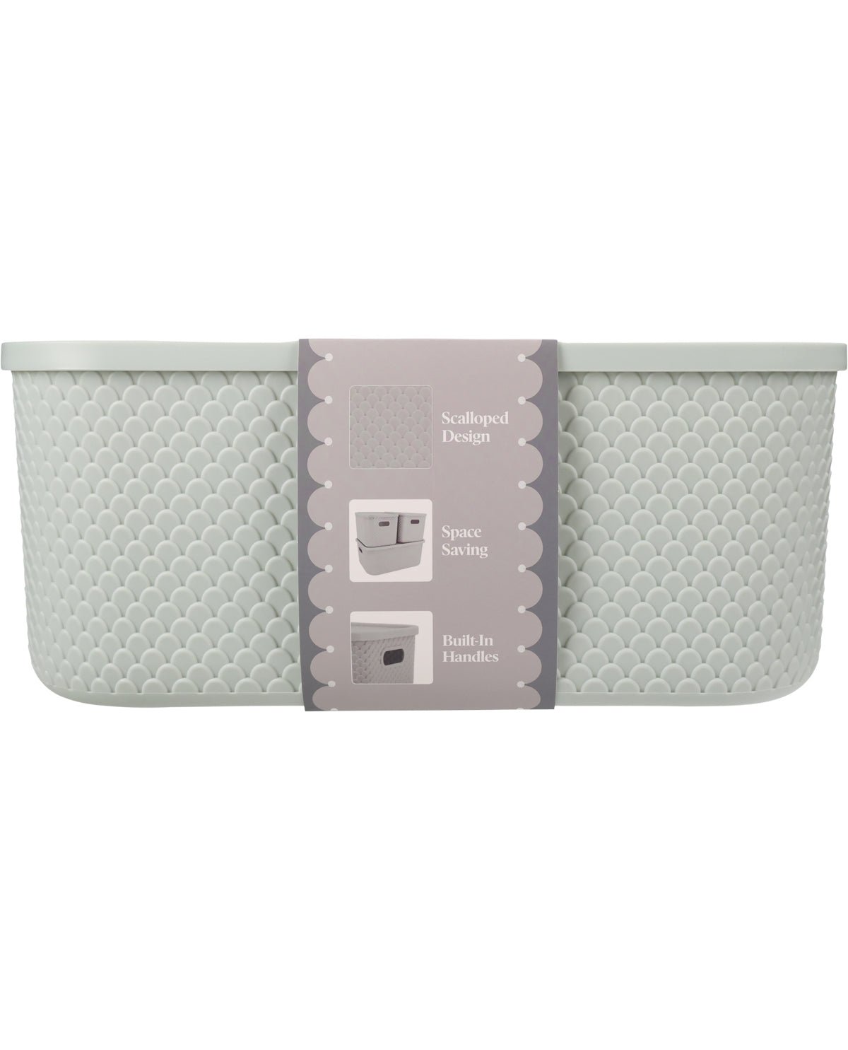 A light gray scalloped bath basket with a textured honeycomb pattern and a central gray paper label, shown against a plain white background.