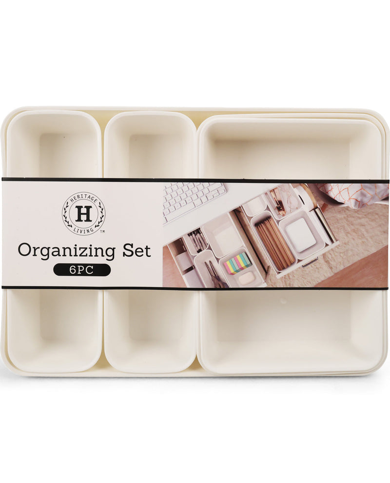 A 6-piece beige plastic desk organizer tray set in its original packaging, featuring a central paper band with the brand logo 'Historic Living' and the text 'Organizing Set 6PC'.