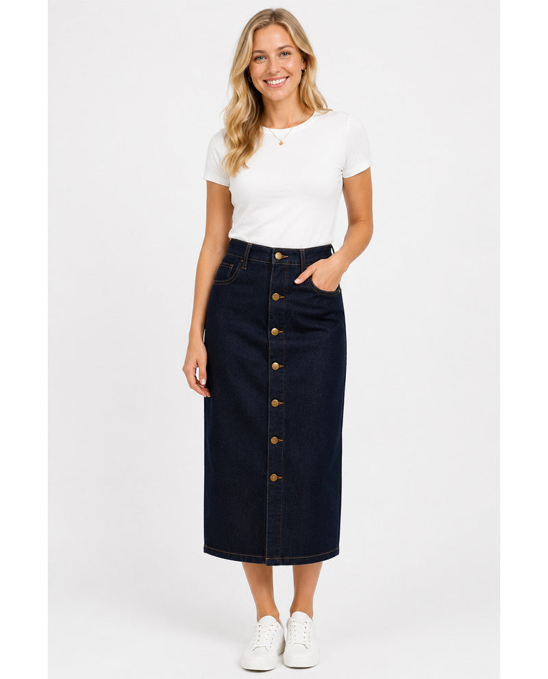 Woman wearing a white t-shirt and dark denim skirt with button details on a white background