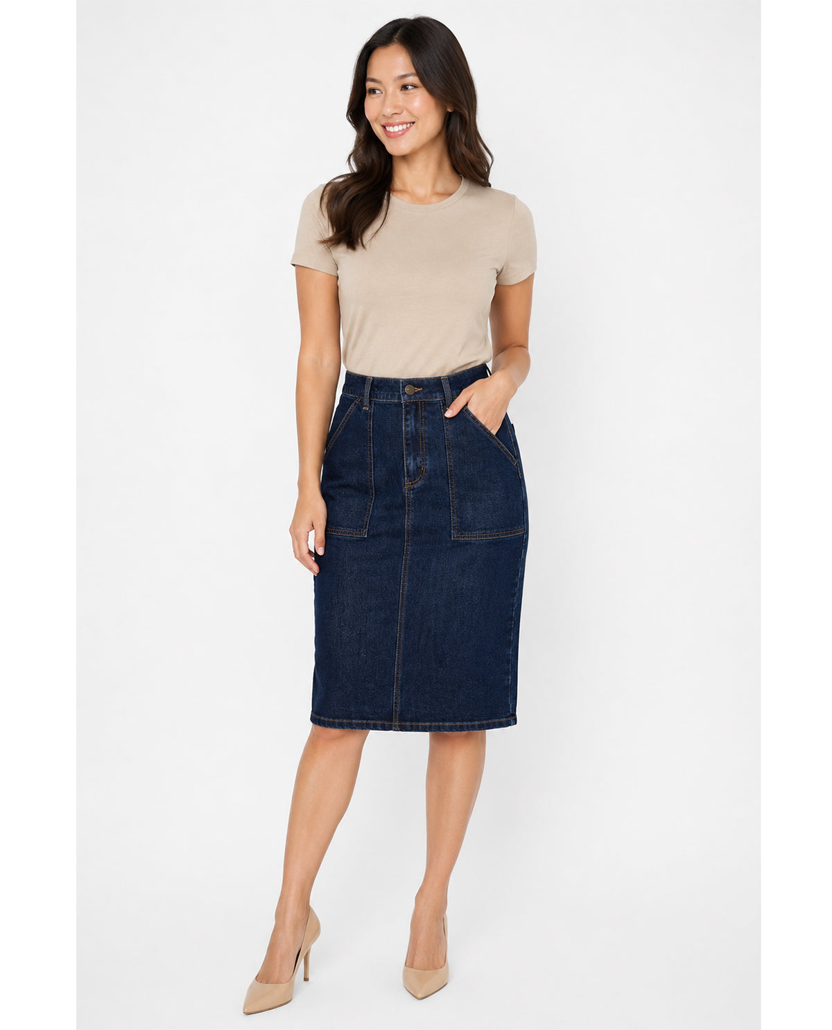 Missy model wearing a denim midi skirt and tan top with white background