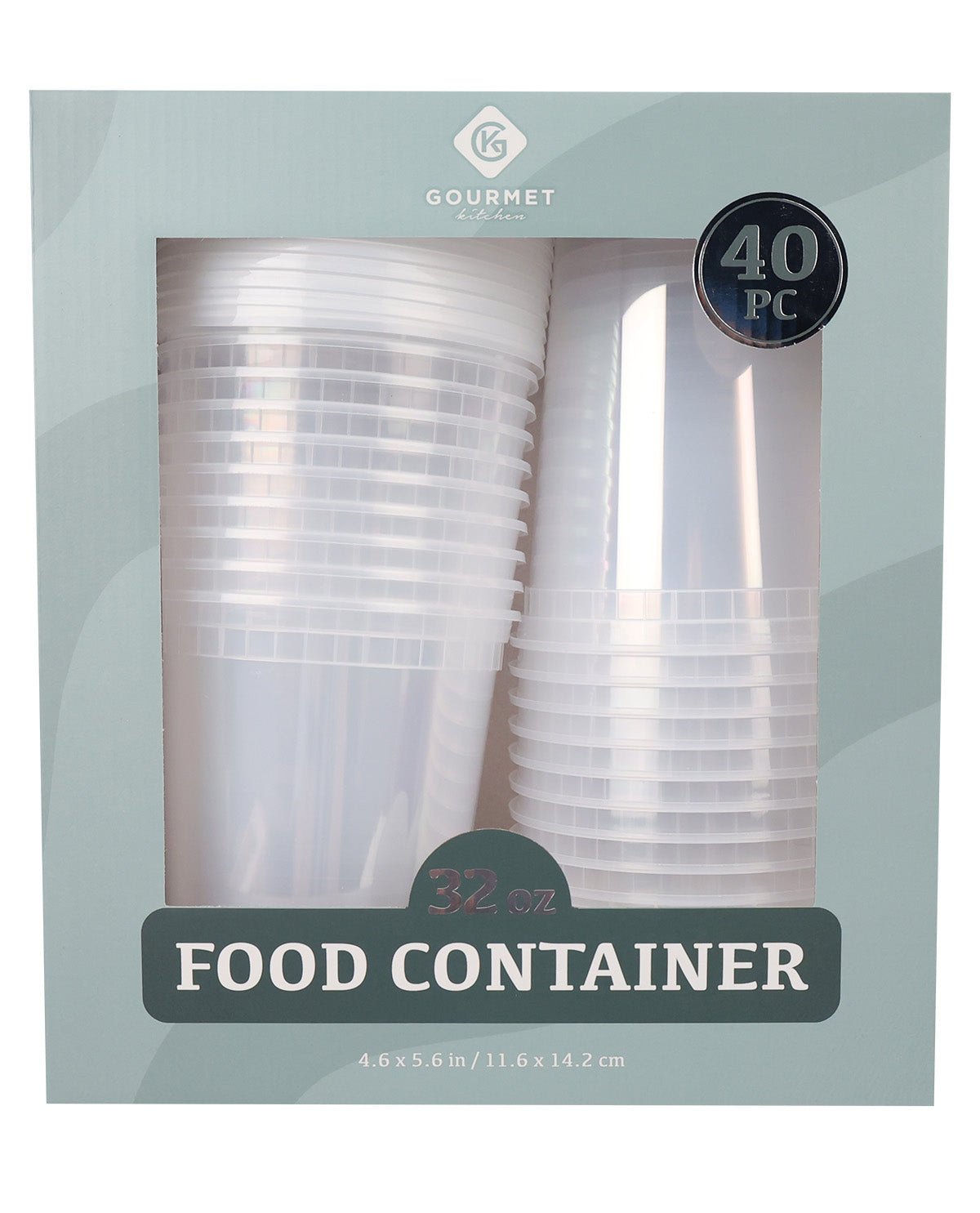 Gourmet Collection 3.2 oz clear plastic food container cups in a 40-piece pack, shown in its light blue-gray retail box with a clear window.