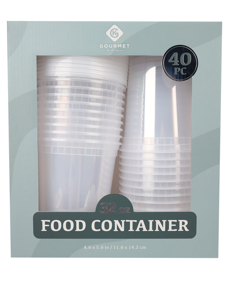 Gourmet Collection 3.2 oz clear plastic food container cups in a 40-piece pack, shown in its light blue-gray retail box with a clear window.