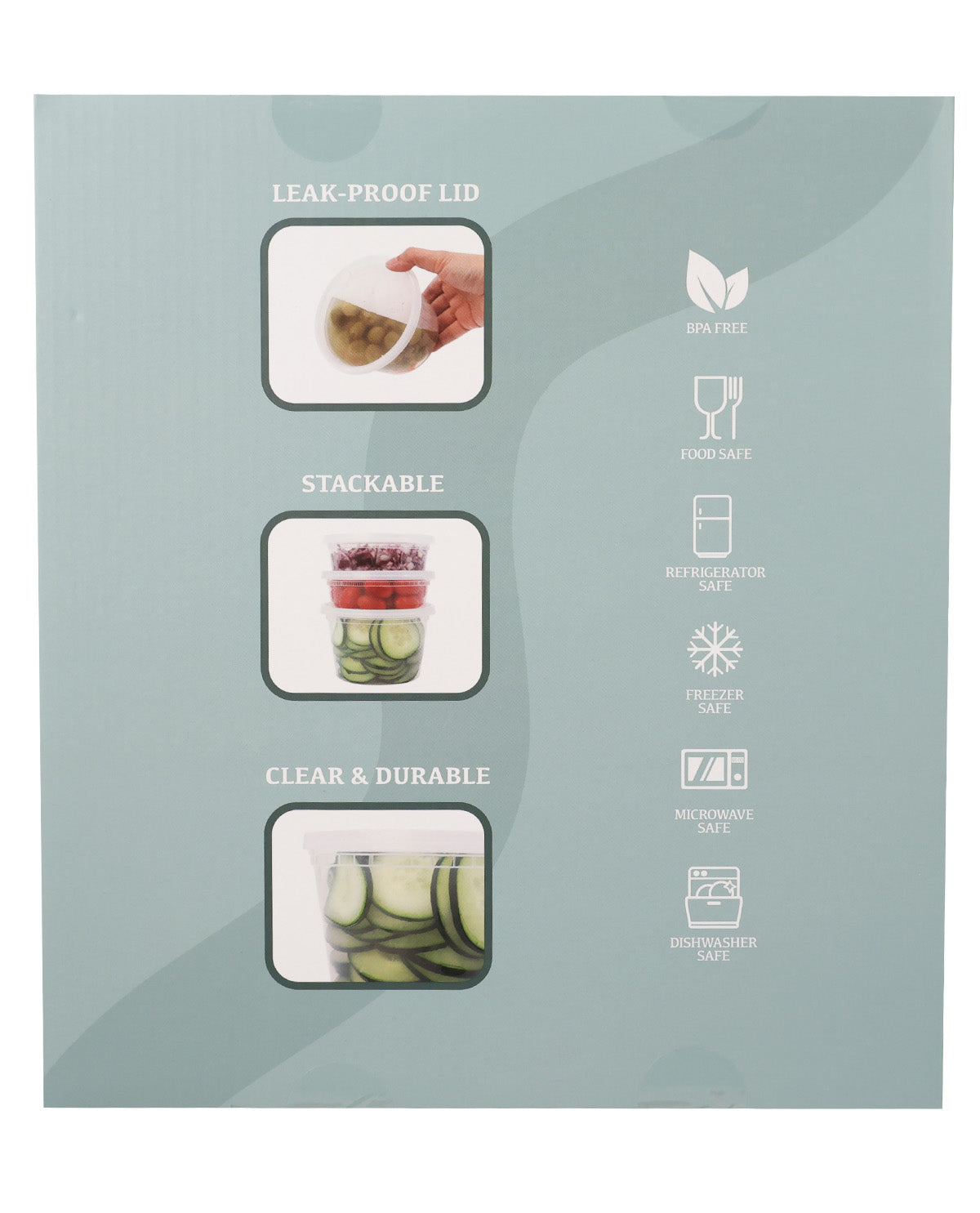 The back of a product box showing features and benefits: leak-proof lid, stackable, clear and durable, with icons for biodegradable, food safe, refrigerator safe, freezer safe, microwave safe, and dishwasher safe on a pale blue-green background.