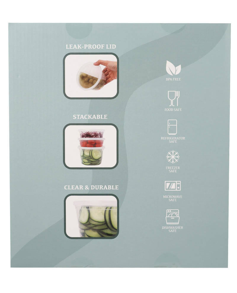 The back of a product box showing features and benefits: leak-proof lid, stackable, clear and durable, with icons for biodegradable, food safe, refrigerator safe, freezer safe, microwave safe, and dishwasher safe on a pale blue-green background.
