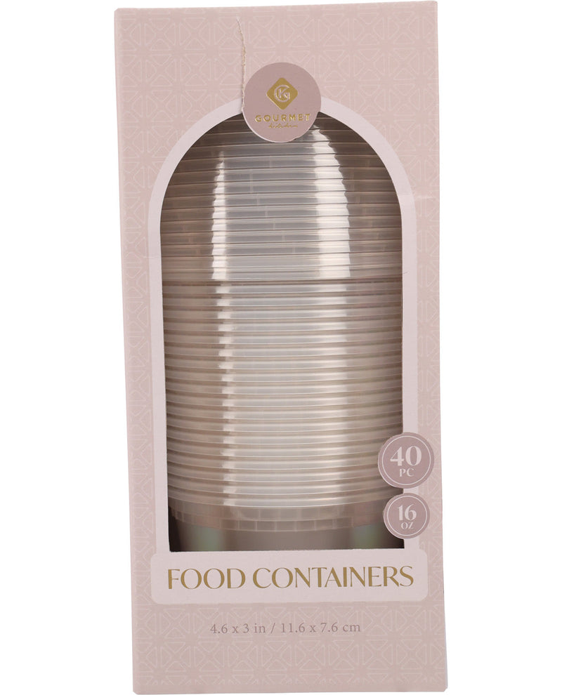 A package of 40 clear plastic food containers, 16 oz each, shown in its light pink packaging box with a clear arched window.