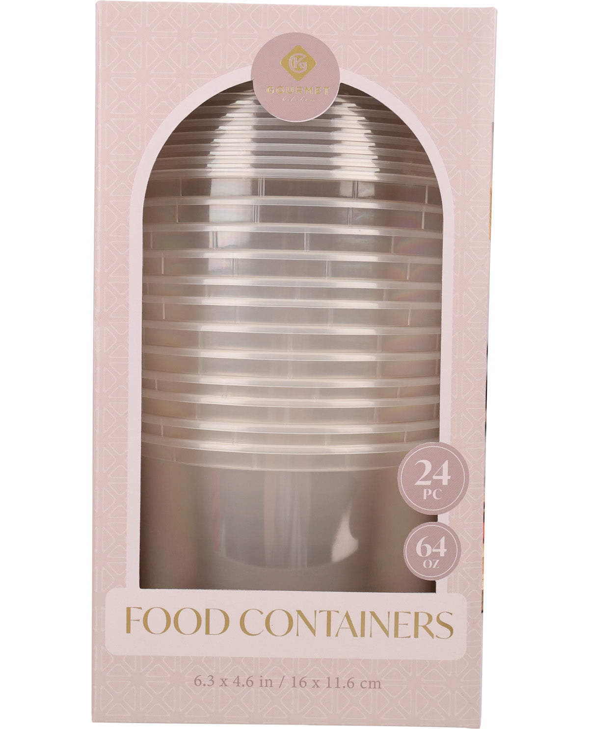 A 24-pack of clear plastic food containers in a light pink box with an arched window. The packaging features gold text and logo, and includes size details of 64 oz (24 pc) on the front.