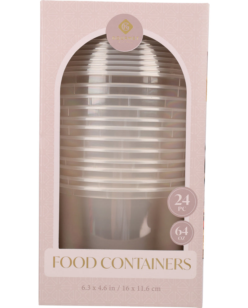 A 24-pack of clear plastic food containers in a light pink box with an arched window. The packaging features gold text and logo, and includes size details of 64 oz (24 pc) on the front.
