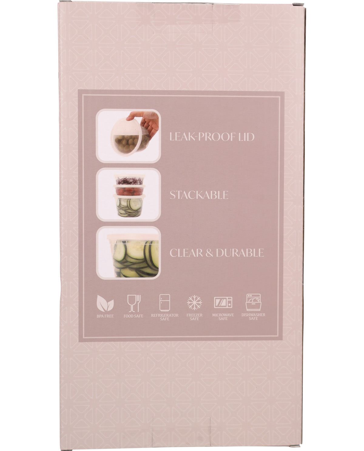 The packaging box for a leak-proof stackable jar lid, featuring a dusty pink background with three inset images demonstrating the product in use and a row of feature icons at the bottom.