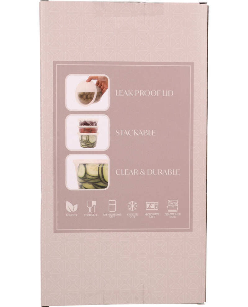 The packaging box for a leak-proof stackable jar lid, featuring a dusty pink background with three inset images demonstrating the product in use and a row of feature icons at the bottom.