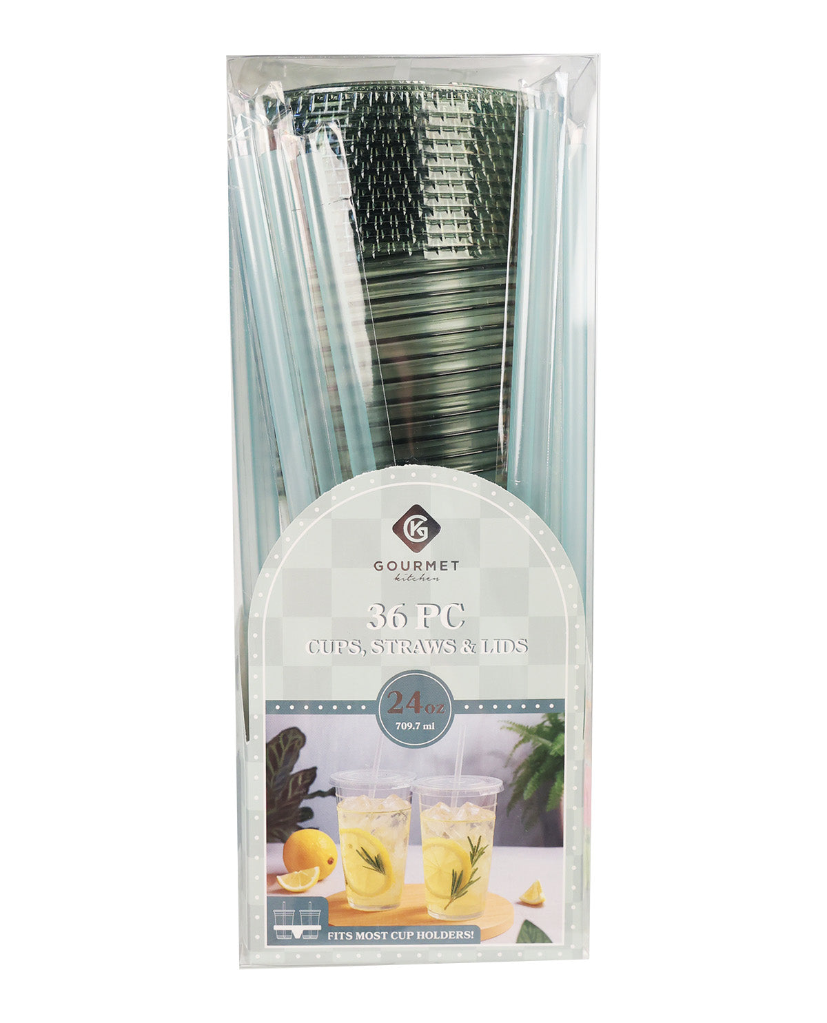 A 36-pack of clear plastic cocktail straws with matching clear plastic cup lids, packaged in a clear plastic sleeve with a white and blue label. The brand 'Gourmet Straws' is visible on the label.