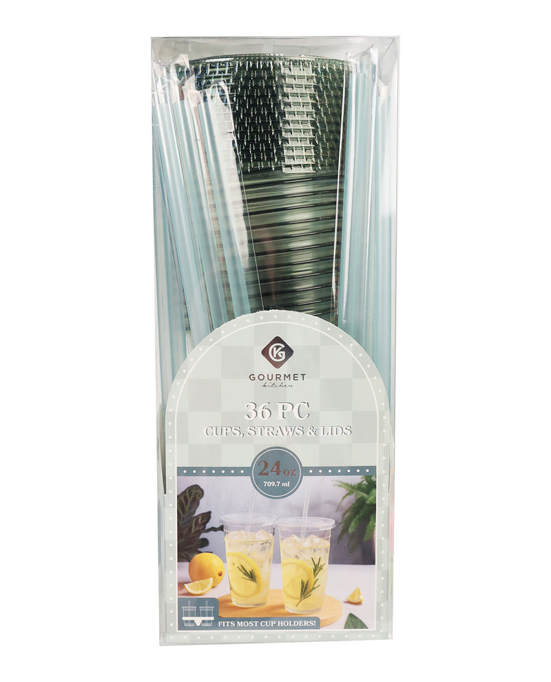 A 36-pack of clear plastic cocktail straws with matching clear plastic cup lids, packaged in a clear plastic sleeve with a white and blue label. The brand 'Gourmet Straws' is visible on the label.