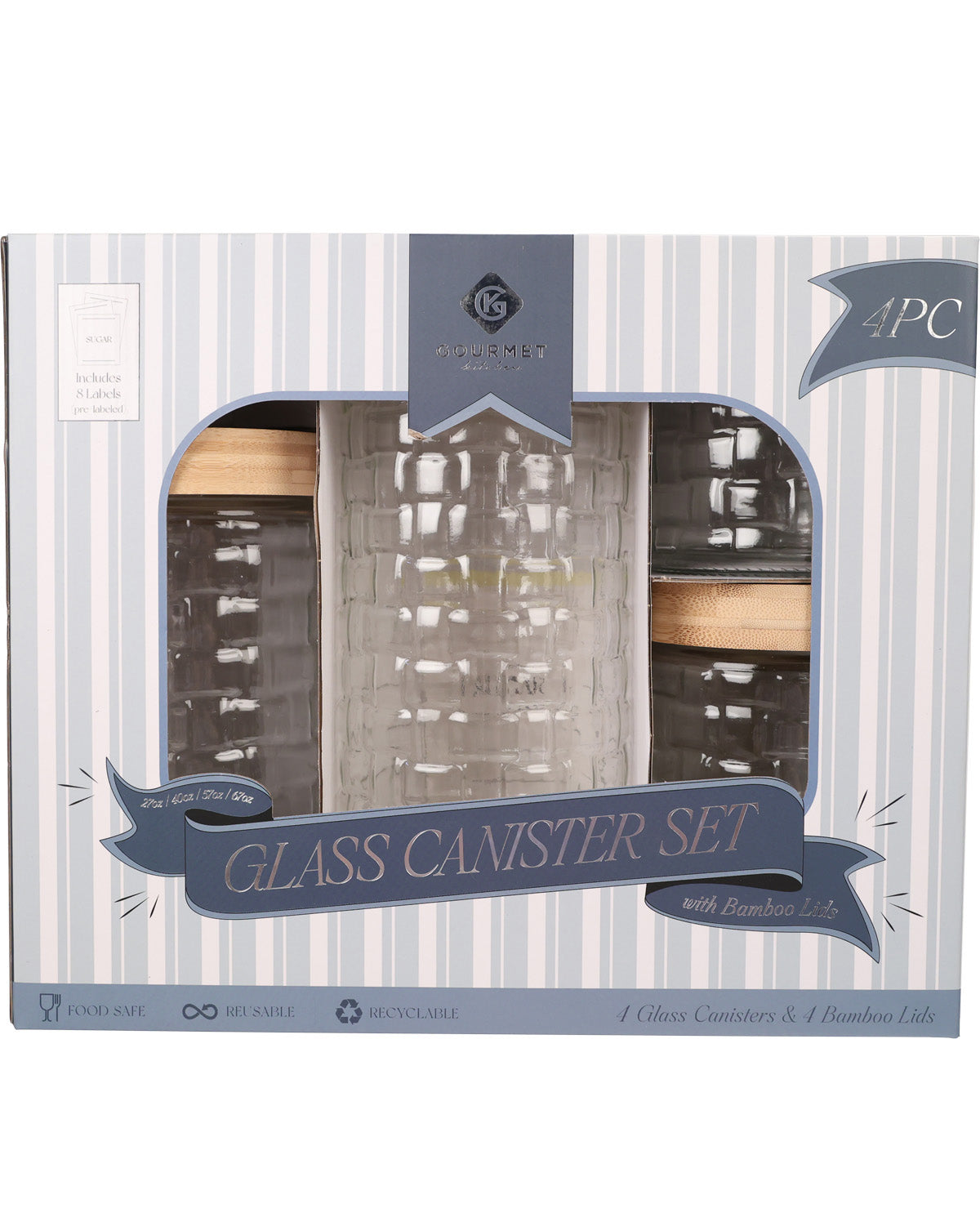 A 4-piece glass canister set in its retail packaging, featuring a striped box with a clear window showing two textured clear glass canisters and two dark glass canisters with light wood lids.