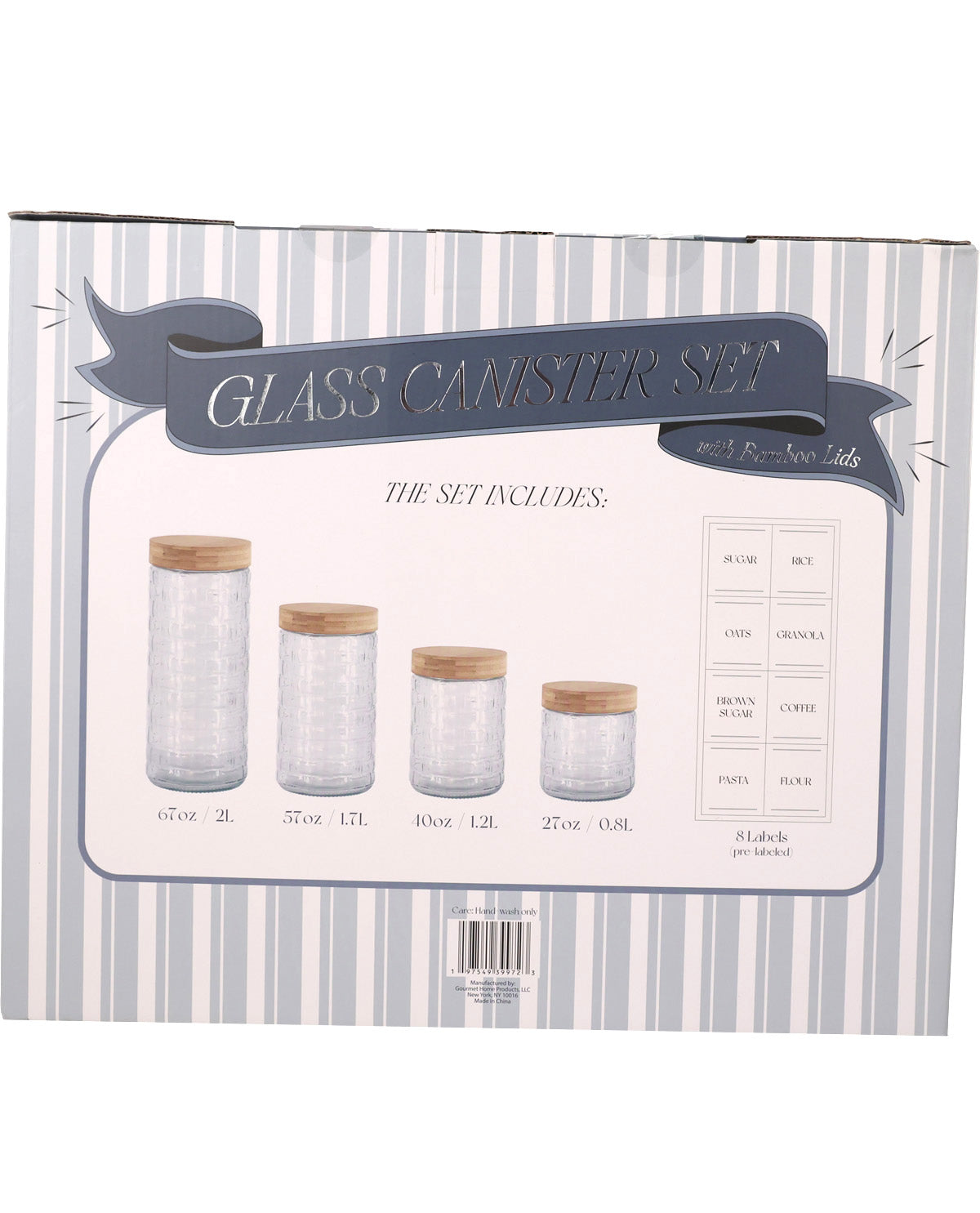 Front view of a boxed glass canister set package. The package shows five clear glass jars with light wood lids in different sizes, labeled 16 oz / 2 L, 25 oz / 1.