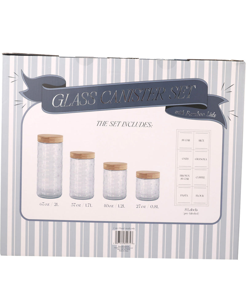Front view of a boxed glass canister set package. The package shows five clear glass jars with light wood lids in different sizes, labeled 16 oz / 2 L, 25 oz / 1.