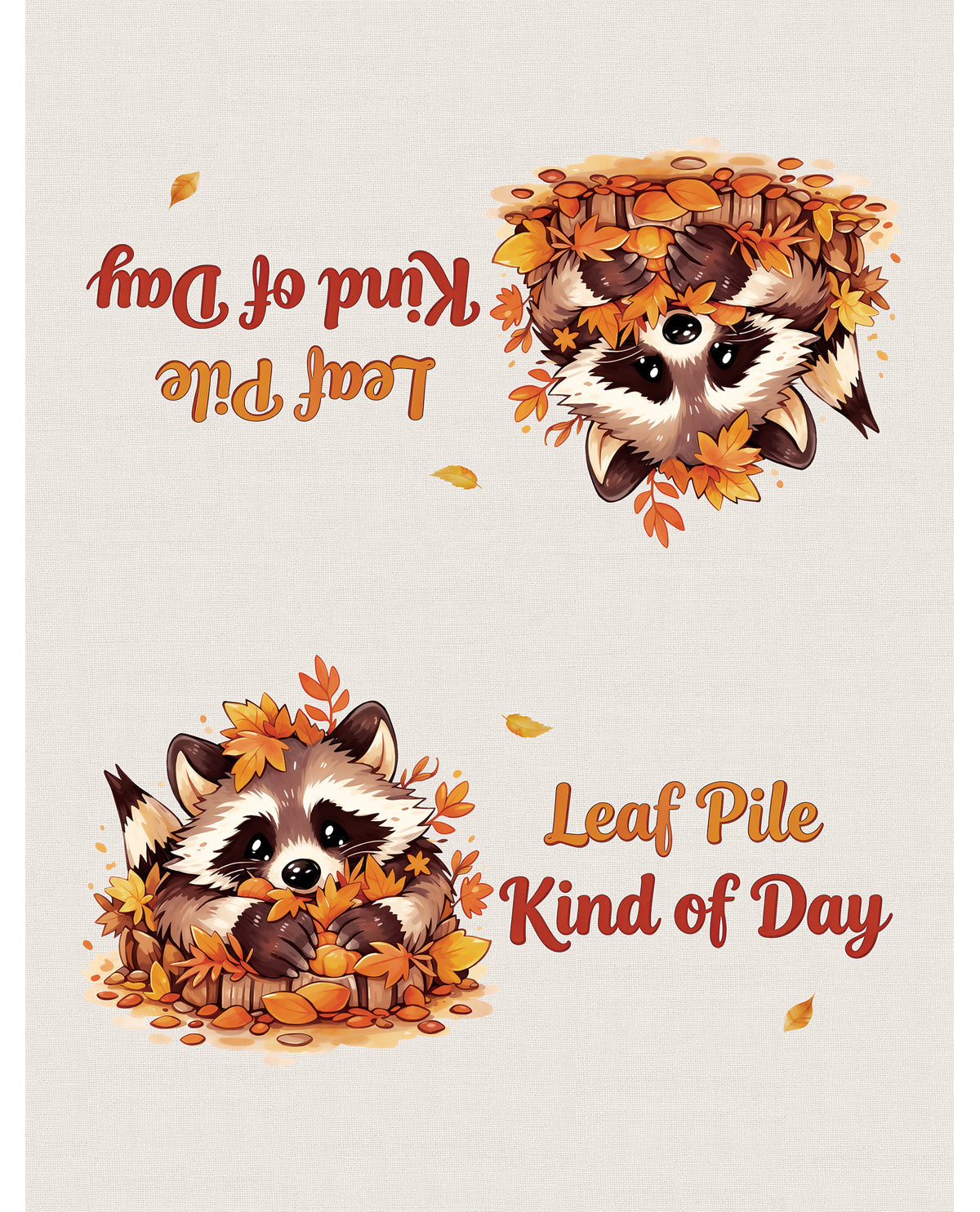 Illustration of raccoons with autumn leaves and text 'Leaf Pile Kind of Day' on a light background