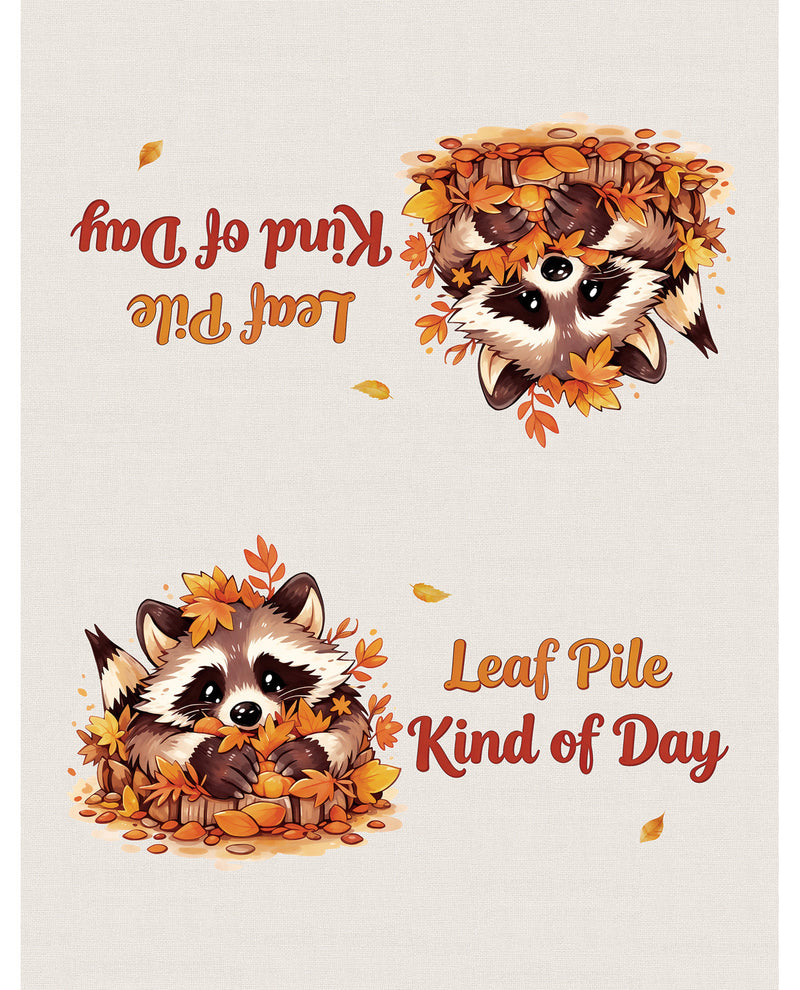 Illustration of raccoons with autumn leaves and text 'Leaf Pile Kind of Day' on a light background