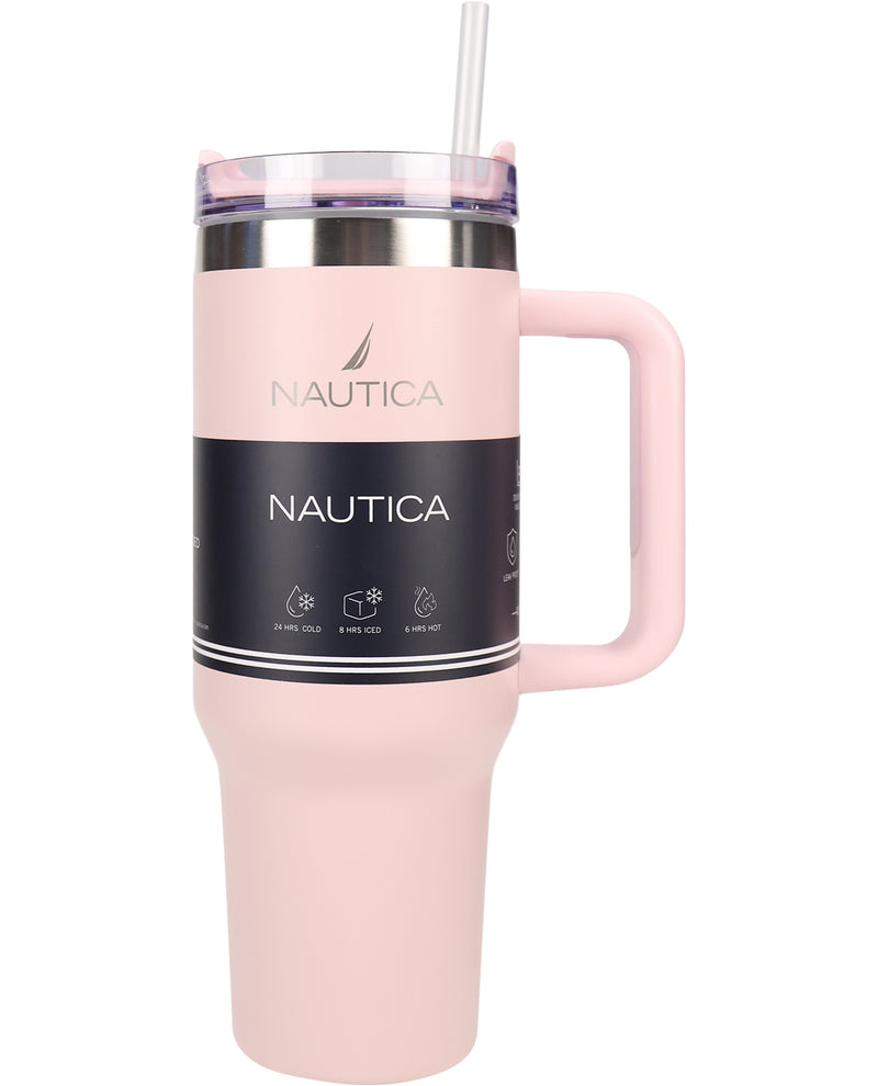 A pink Nautica handled tumbler with a clear lid and straw, featuring a black label with the Nautica logo, on a white background.