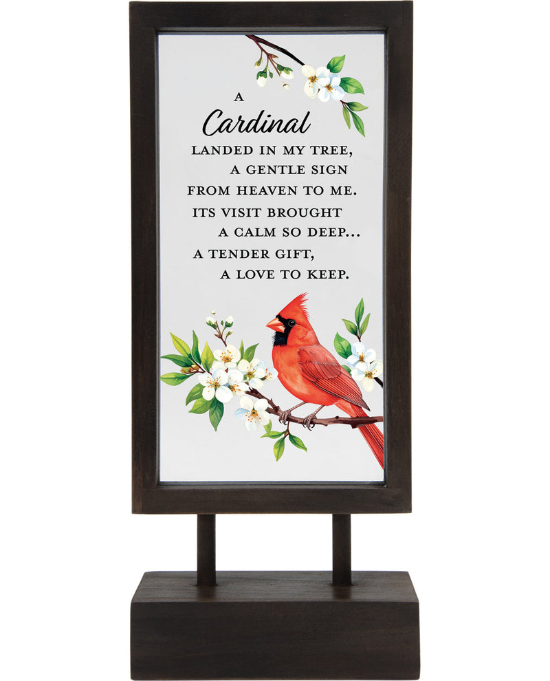 Decorative sign with a red cardinal and floral design on a white background