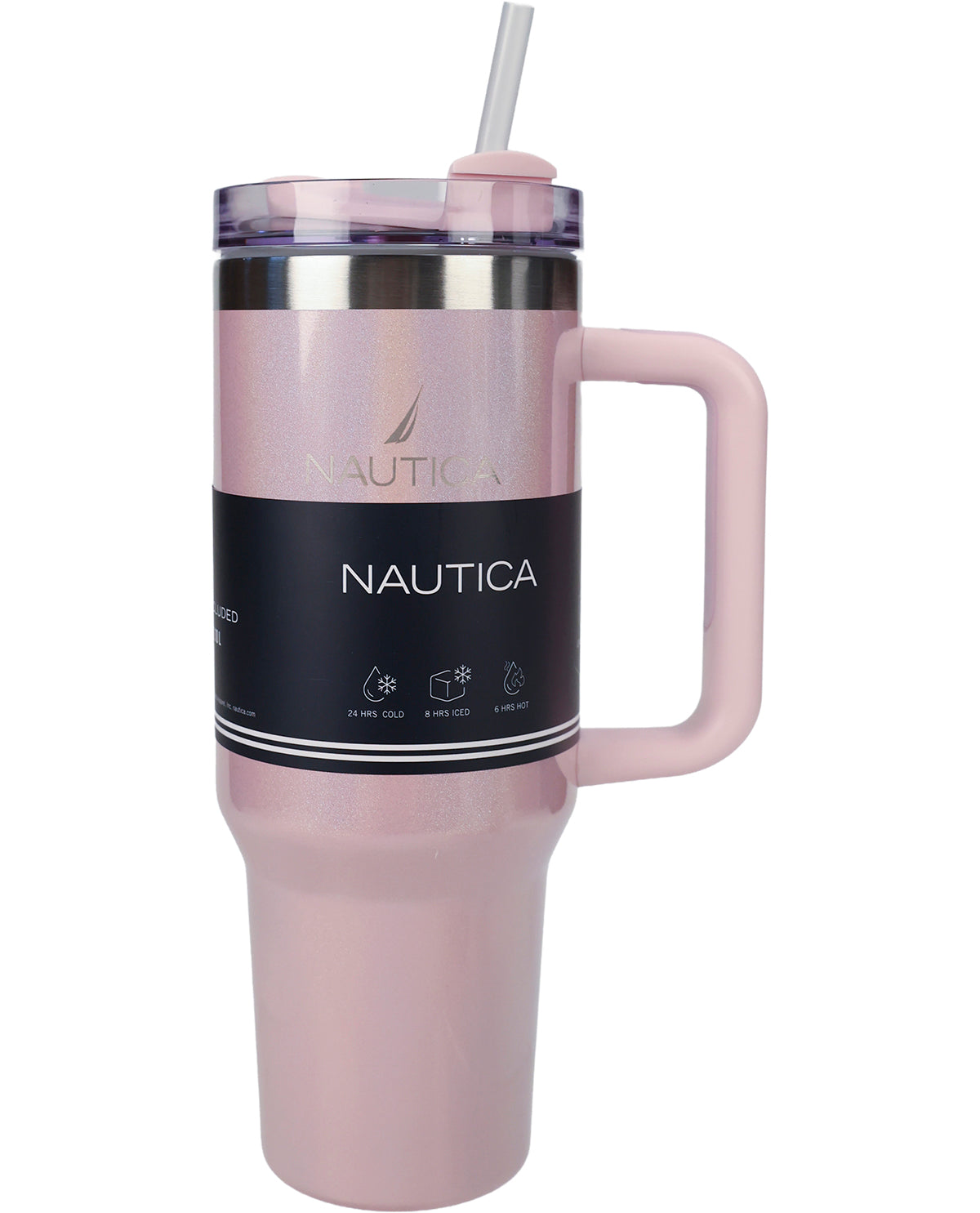 A Nautica stainless steel travel tumbler with a large handle, a translucent lid with a straw, and a black label band featuring the white Nautica logo.