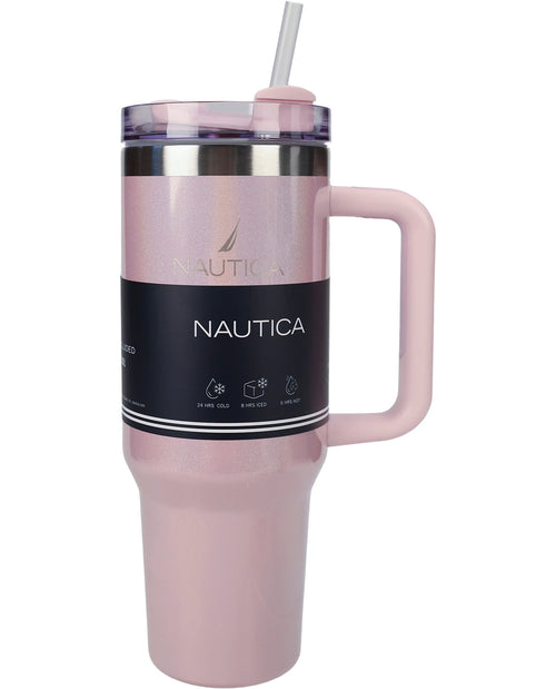 A Nautica stainless steel travel tumbler with a large handle, a translucent lid with a straw, and a black label band featuring the white Nautica logo.