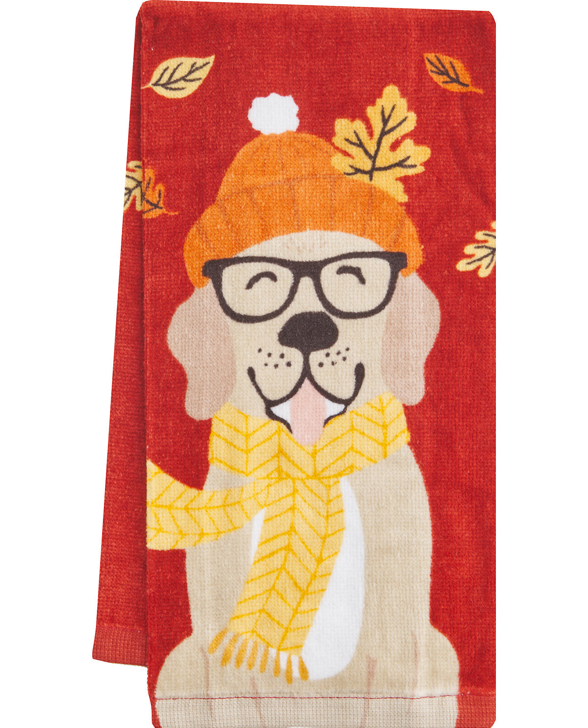 Towel with a dog wearing glasses, an orange hat, and yellow scarf on a red background.