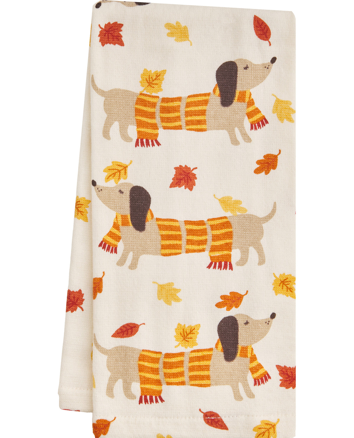 Fabric with dogs wearing scarves and autumn leaves pattern on a white background