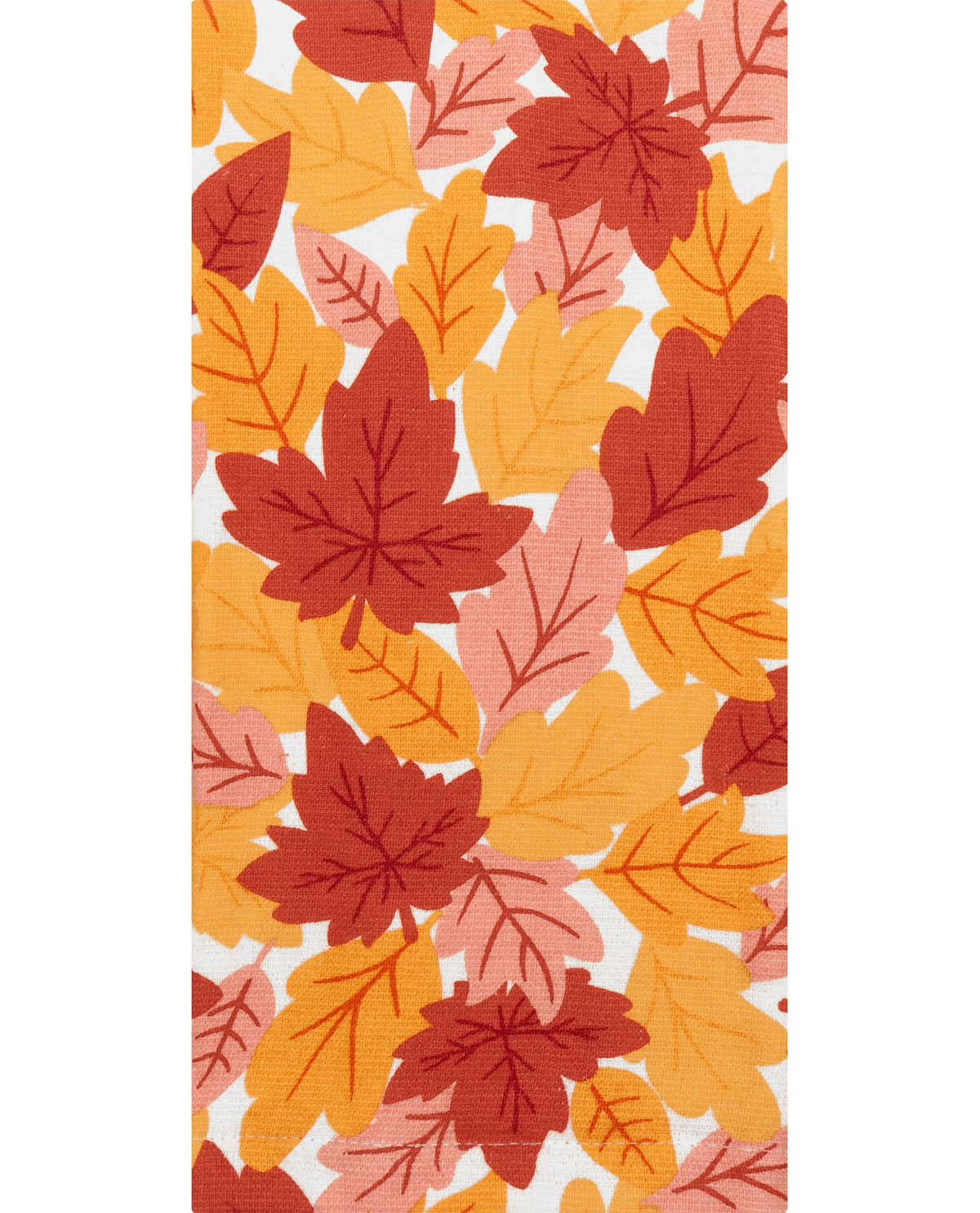 Pattern of autumn leaves in red, orange, and pink on a white background