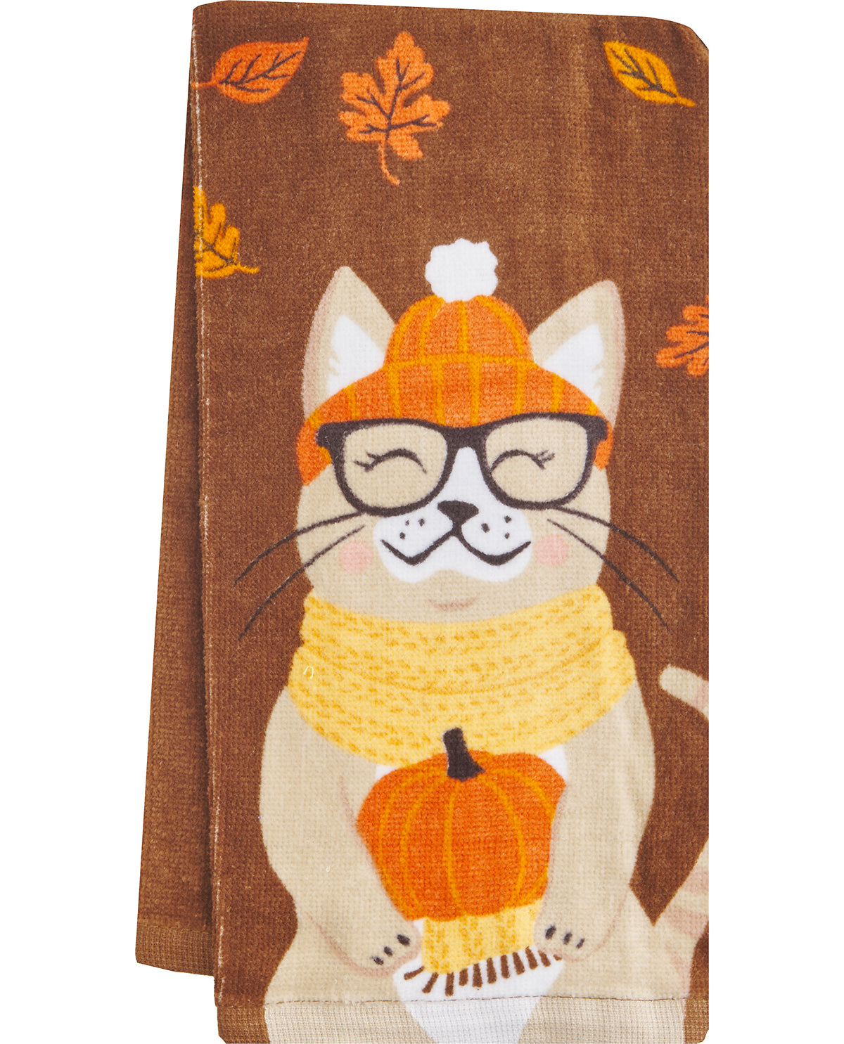 Towel with a cat design wearing an orange hat and scarf, holding a pumpkin, on a brown background with autumn leaves.
