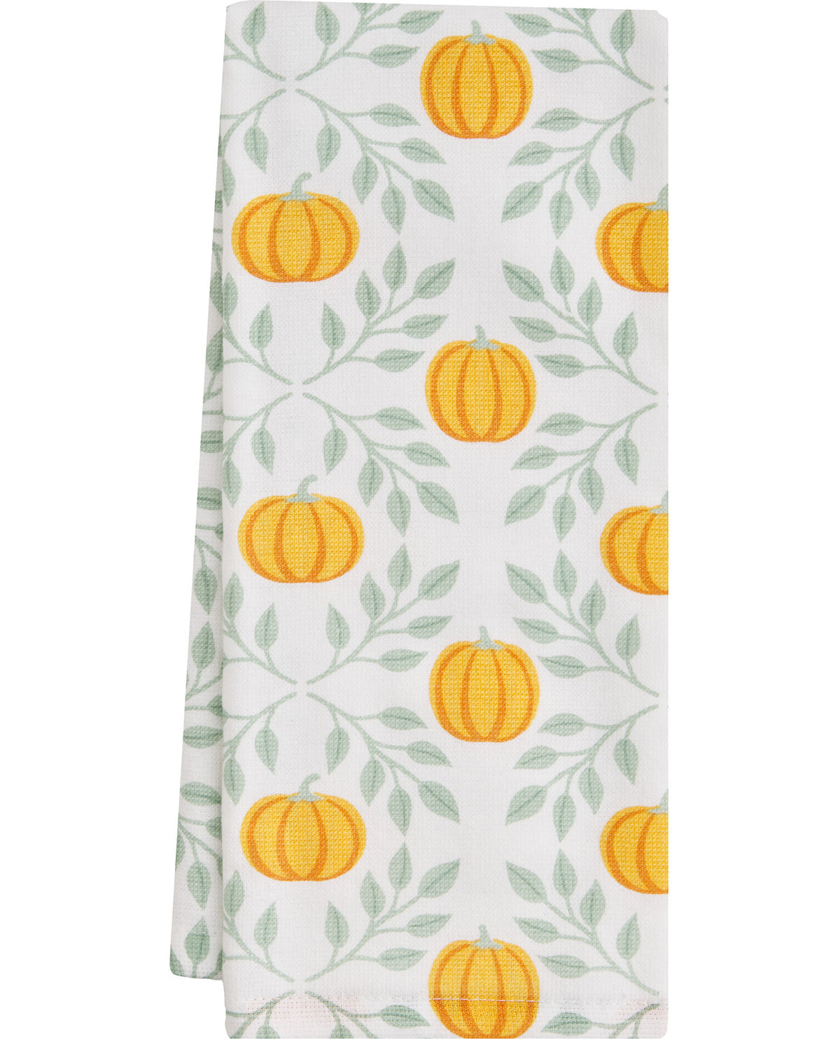 Towel with yellow pumpkins and green leaves pattern on a white background