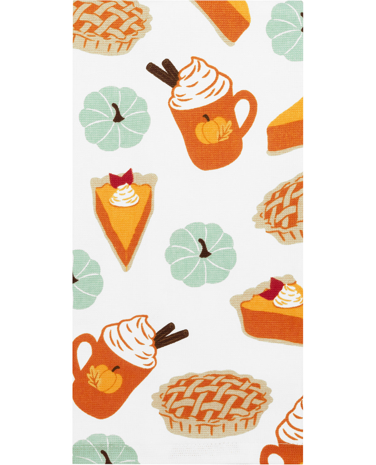 Patterned towel with fall-themed designs including pumpkins, pies, and hot chocolate.