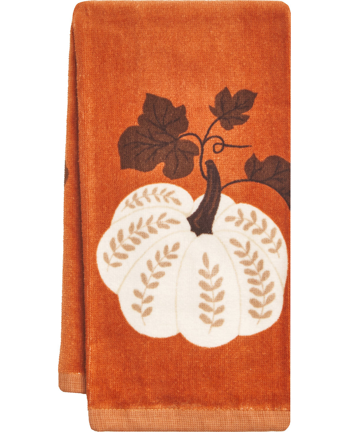 Decorative towel with a white pumpkin and leaves design on an orange background